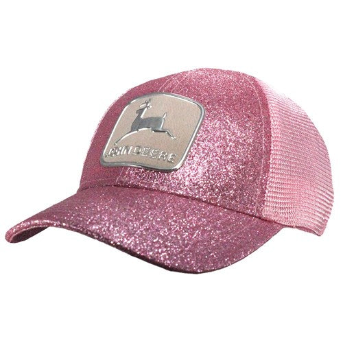 John Deere Vintage Logo One Size Kids Patch Glitter Mesh Trucker Cap-Pink