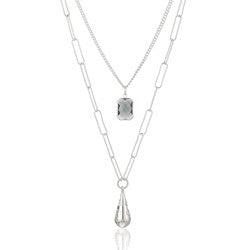 Necklace Lotus Silver long double chain with grey stone