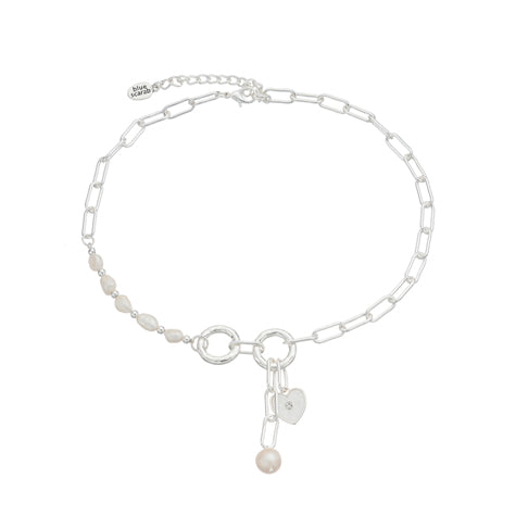 Necklace Siler with Cream Heart & Pearls