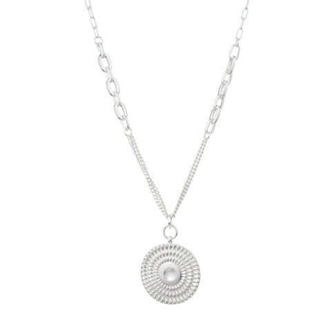 Long Necklace in Silver with Patterned Round Disc
