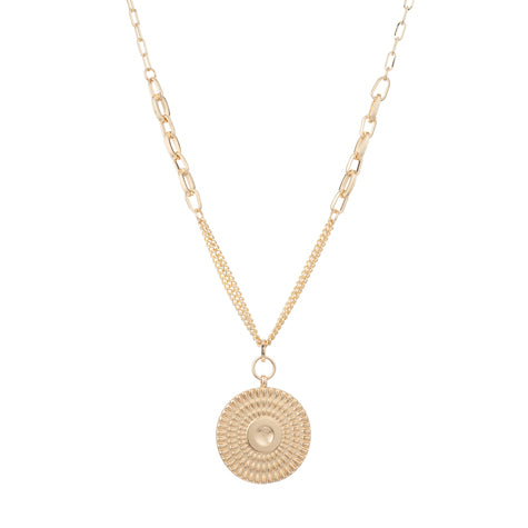 Long Necklace in Gold with Patterned Round Disc