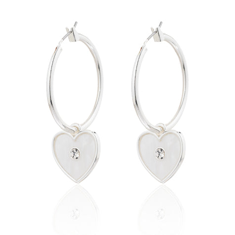 Earring silver plated hoop with white heart and crystal in the centre