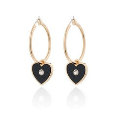 Earrings Gold Plated hoop with Black enamel Heart and crystal centre