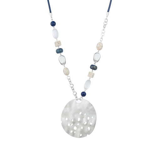 Necklace Large Silver Plated Circle on Navy cord long length with beads