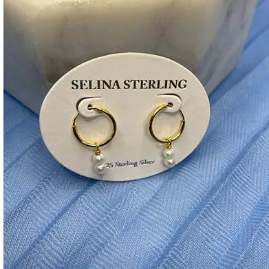 Earring sterling silver 925 gold Huggie with pearl drop