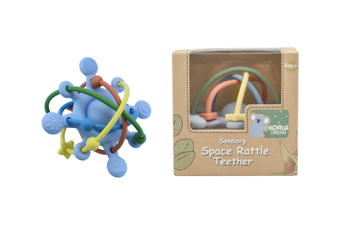 Blue Box Rattle Silicone Sensory Space Rattle Teether Blue – Hallie & Finn