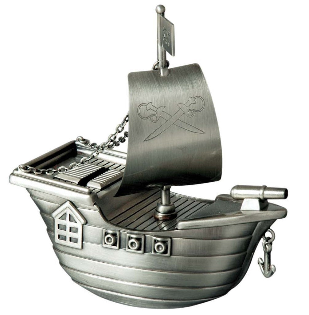 Russell Collection Giftware - Money Bank Jolly Roger Pirate Ship Pewter Finish