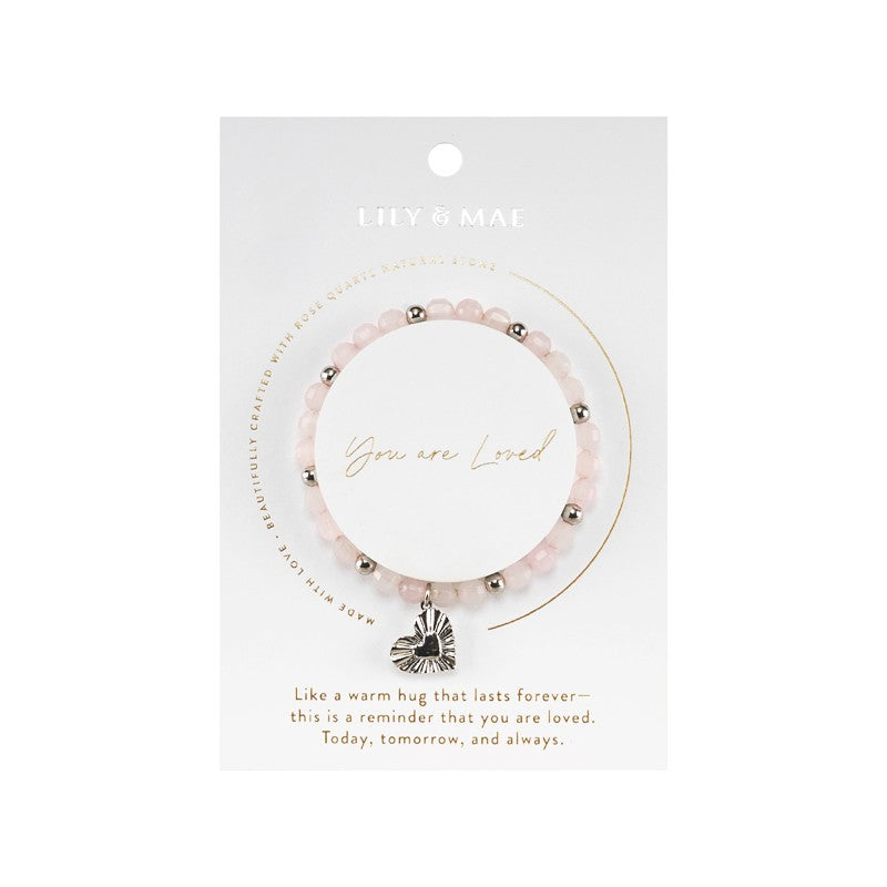 Beaded Charm Bracelets - You are Loved Rose Quartz Bracelet with Silver Heart Charm