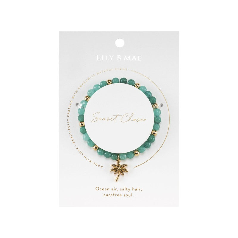 Beaded Charm Bracelets - Sunset Chaser Amazonite Bracelet with Gold Palm Tree Charm