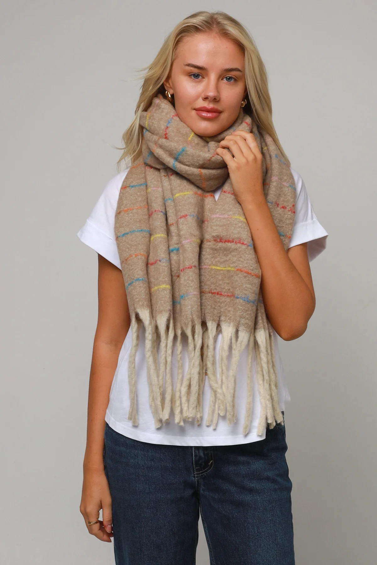 Scarf Winter with Tassels - Cream with coloured stripes