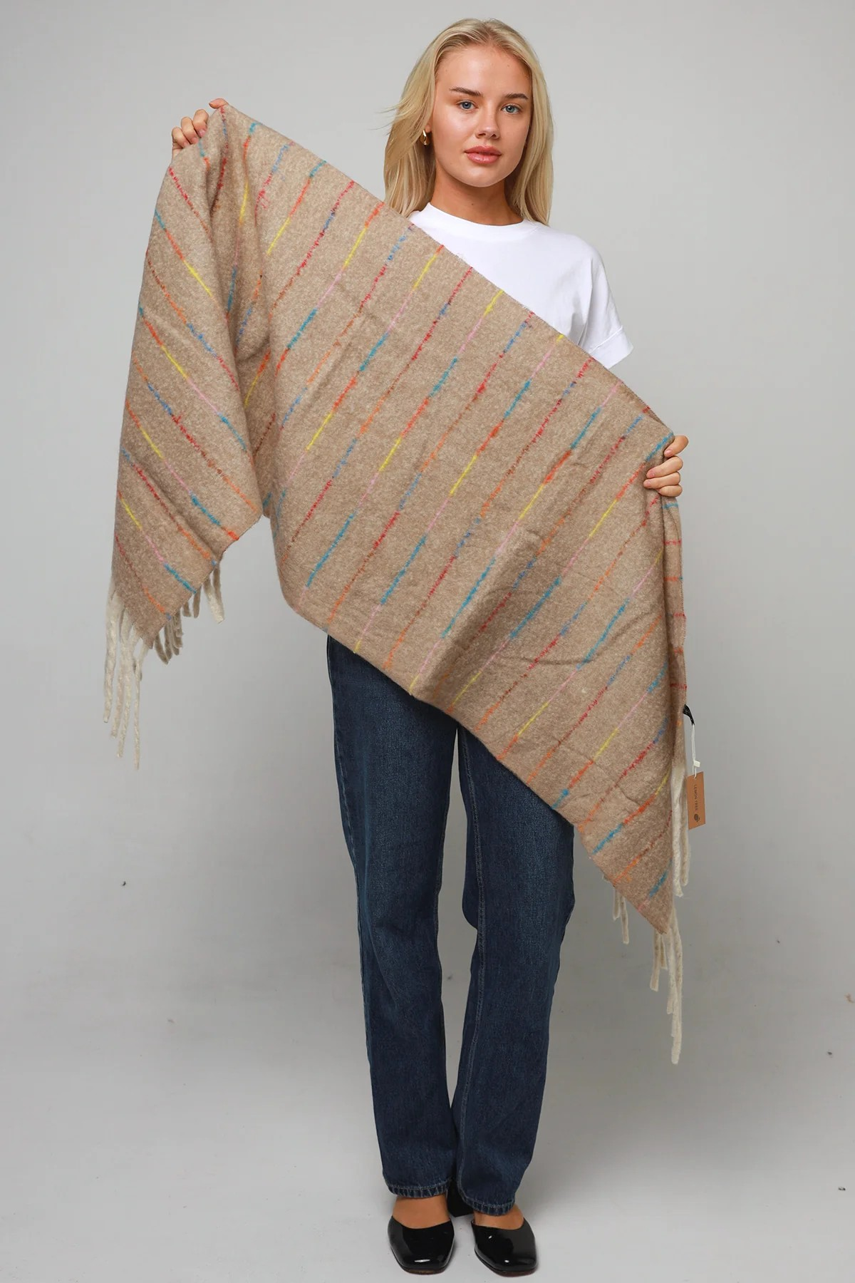 Scarf Winter with Tassels - Cream with coloured stripes