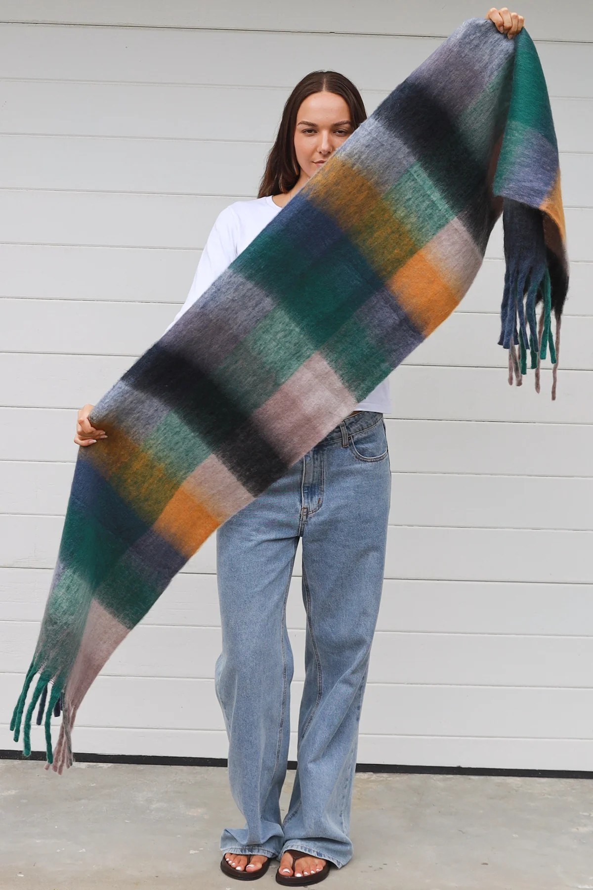 Scarf Winter Checked - Green,Black, Mustard Tones