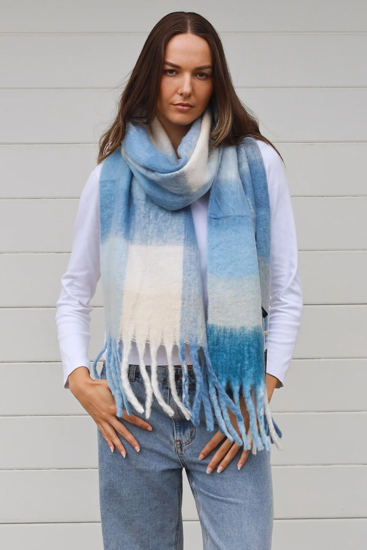 Scarf Winter Checked Blue and Cream Tones