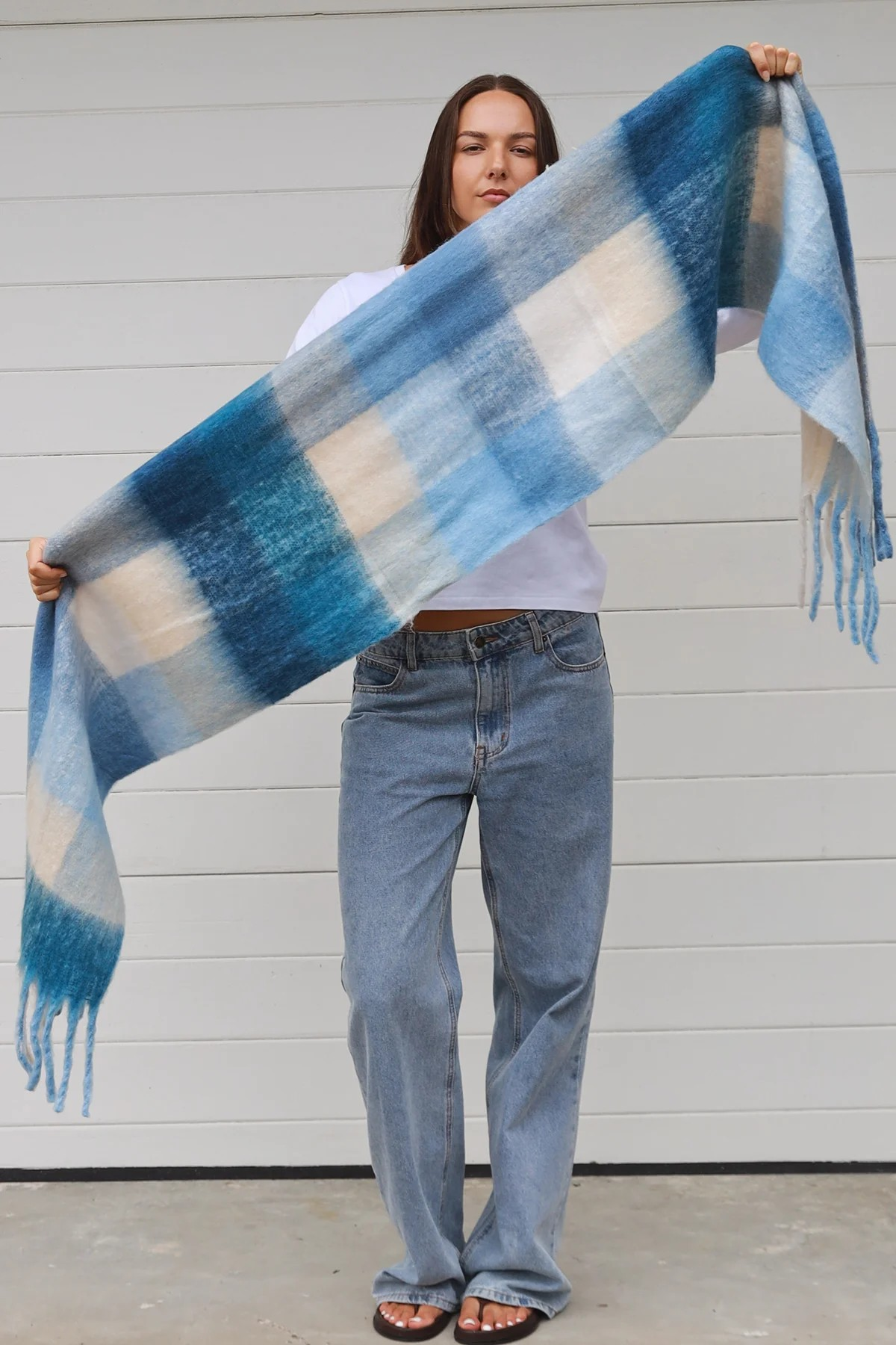 Scarf Winter Checked Blue and Cream Tones