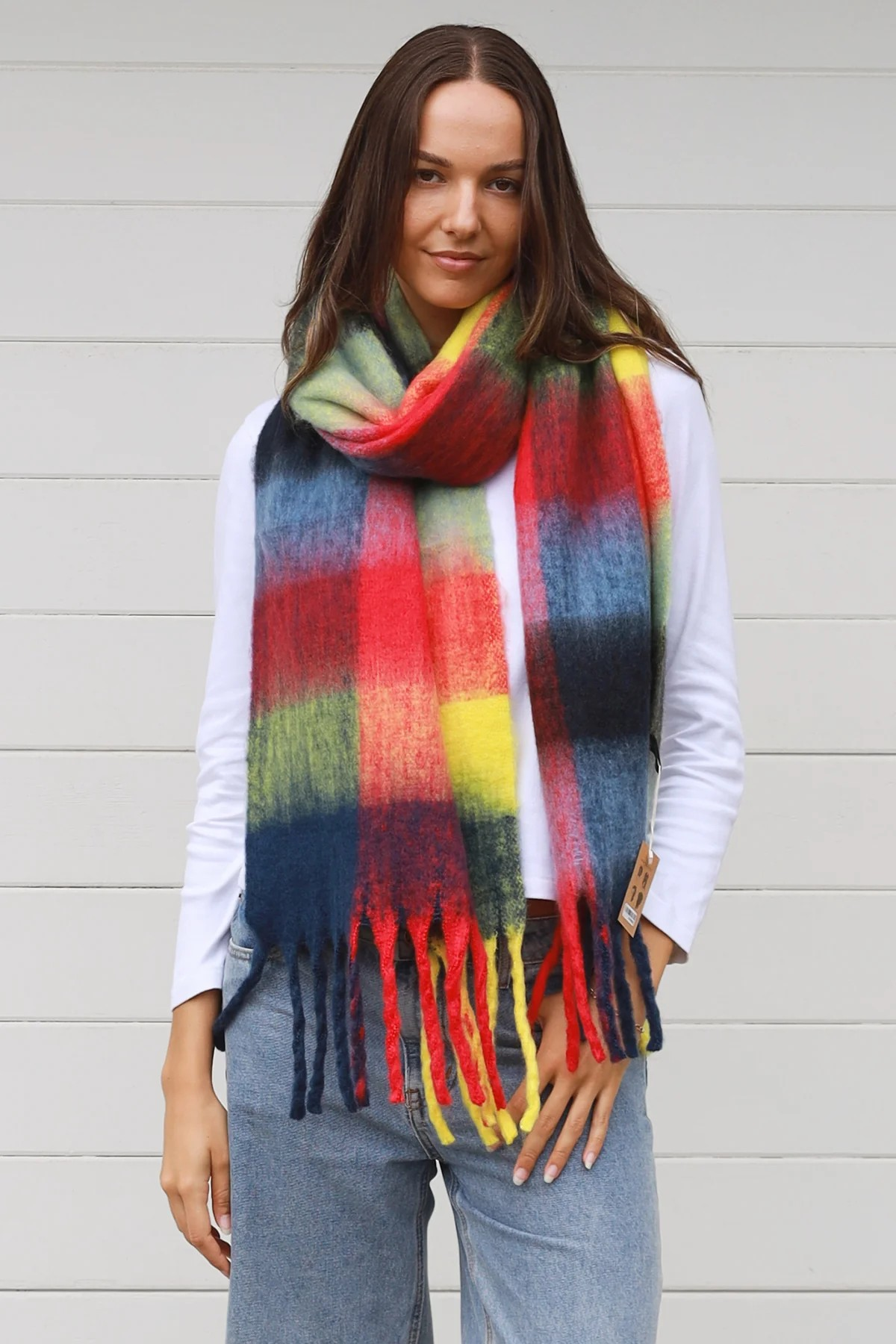 Scarf Winter Squares in Red, yellows & Blue's