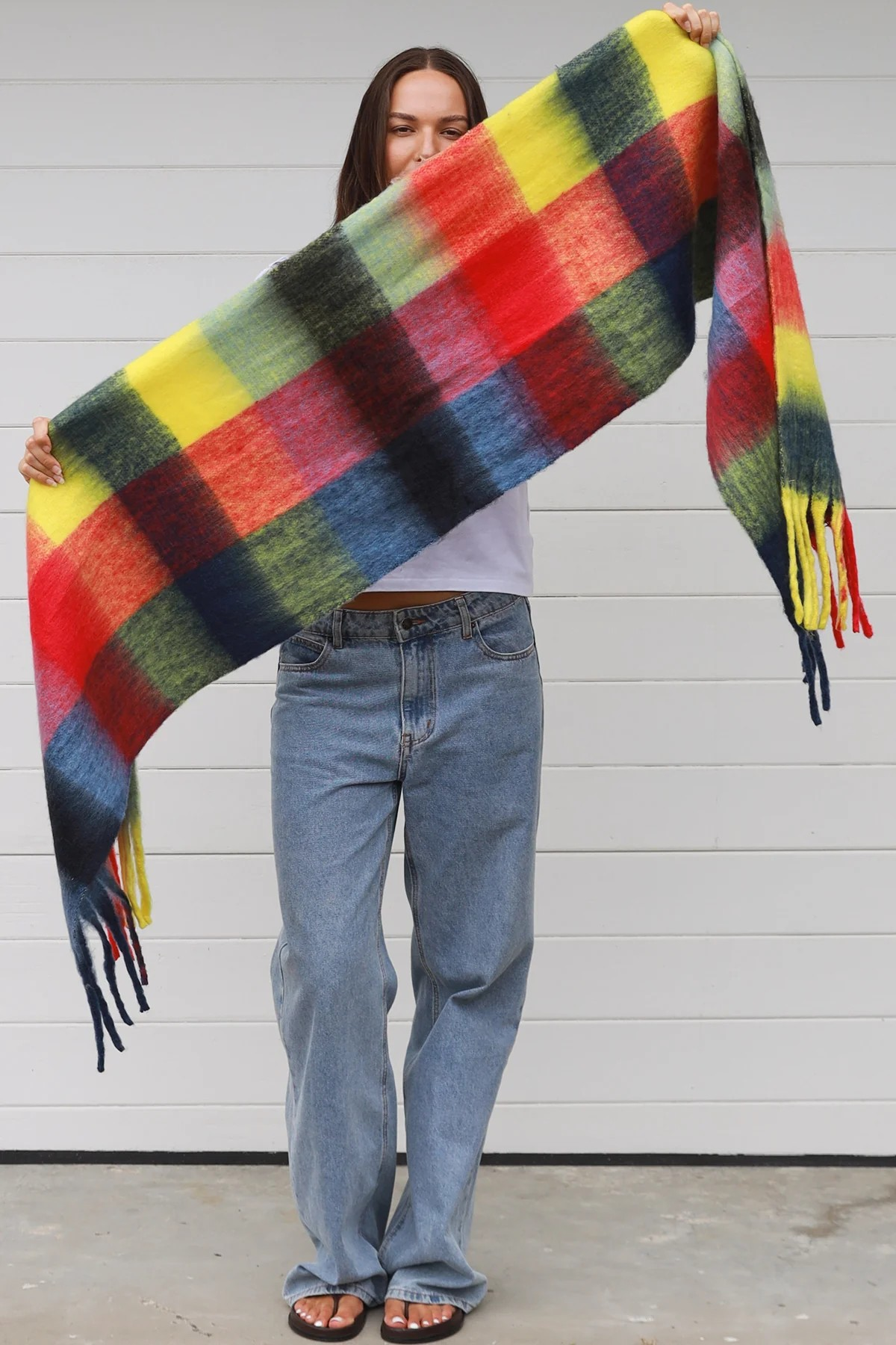 Scarf Winter Squares in Red, yellows & Blue's