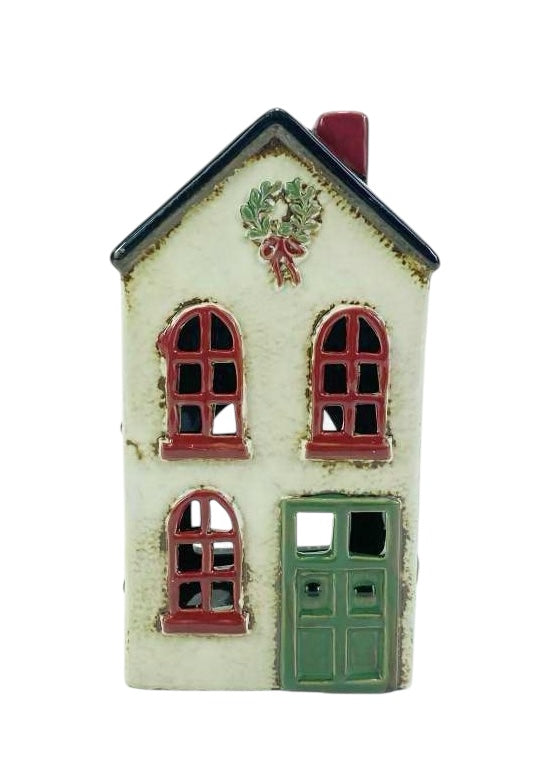 Tealight Houses - Christmas House Wreath & Green Door