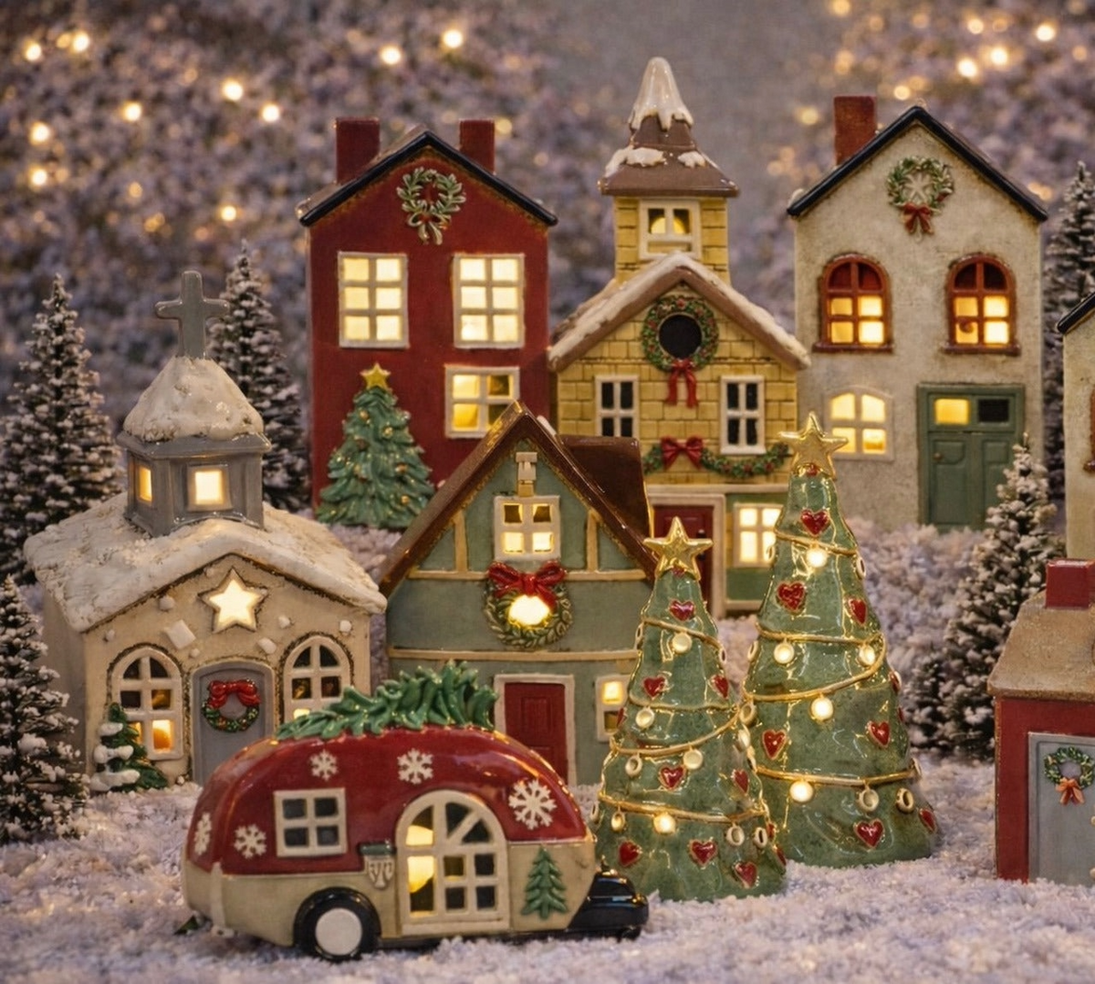 Tealight Houses - Christmas House Wreath & Green Door