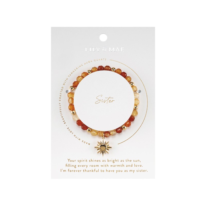 Beaded Charm Bracelet - Sister Tangerine Quartz Bracelet with Gold Sun Charm