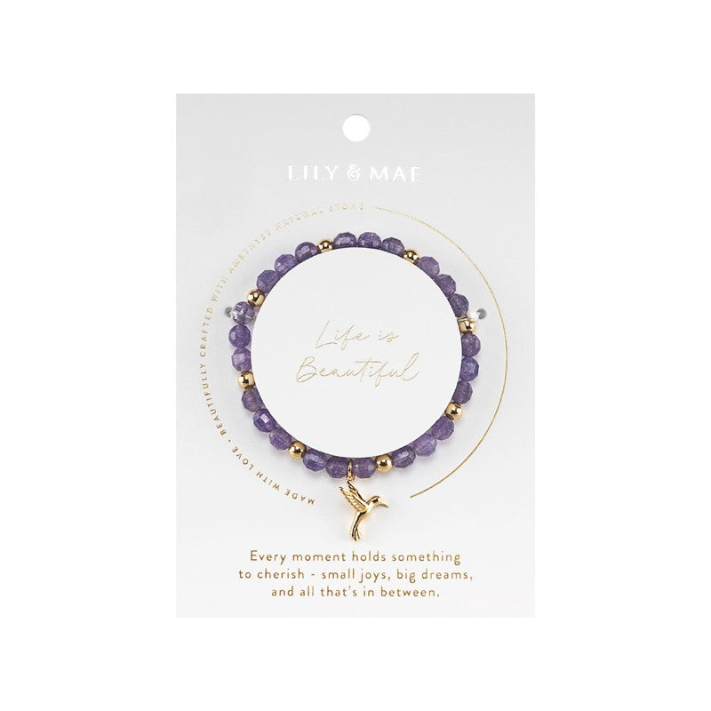Beaded Charm Bracelets - Life is Beautiful Amethyst Bracelet with Gold Humming Bird Charm