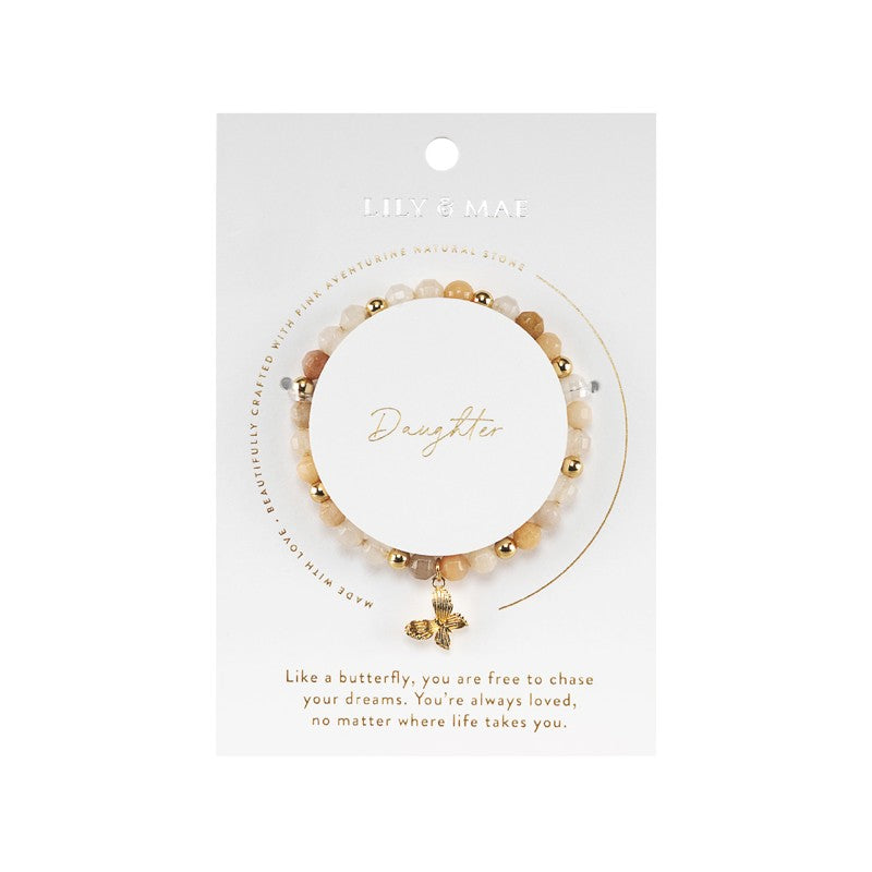 Beaded Charm Bracelets - Daughter Pink Aventurine Bracelet with Gold Butterfly Charm