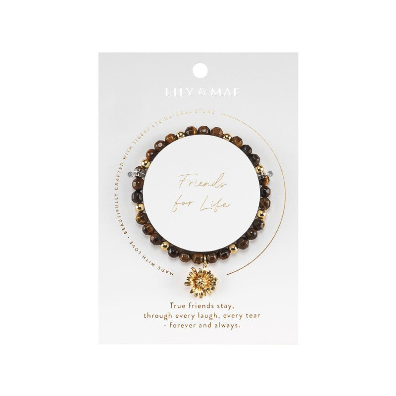Beaded Charm Bracelets - Friends for Life Tigers Eye Bracelet with Gold Flower Charm