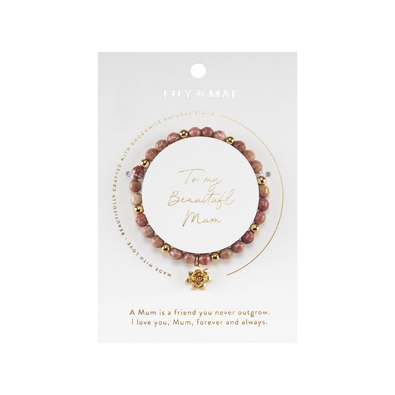 Beaded Charm Bracelet - To My Beautiful Mum Rhodonite Bracelet with Gold Lotus Charm