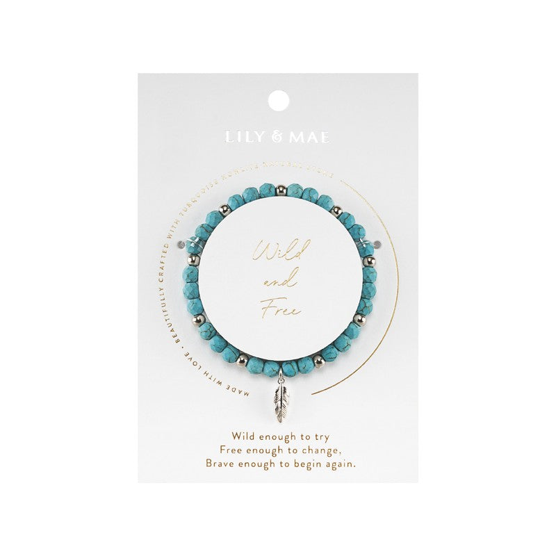 Beaded Charm Bracelets - Wild and Free Turquoise Howlite Bracelet with Silver Feather Charm