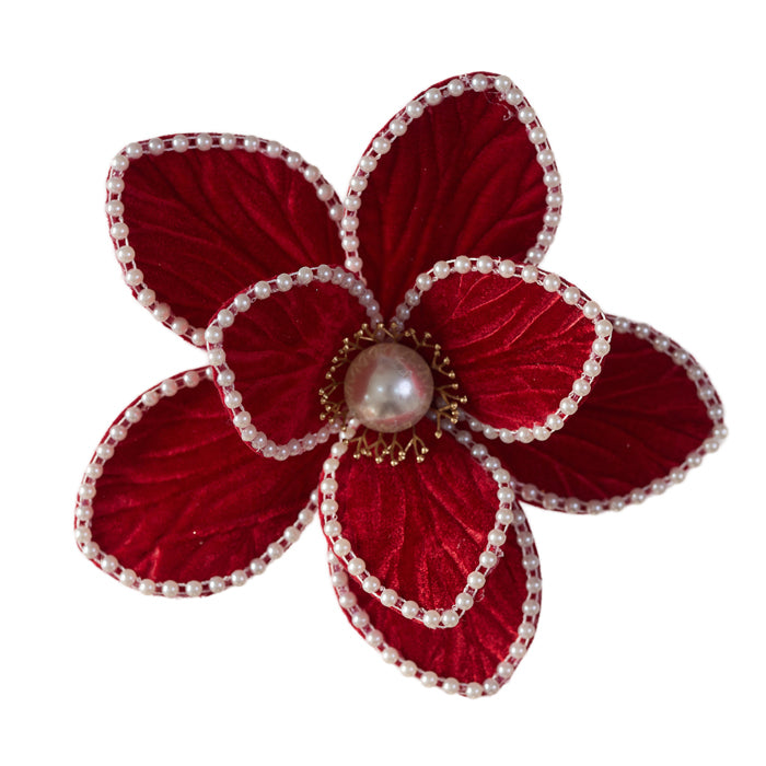 Clip on Fabric Poinsettia Red with White Pearl