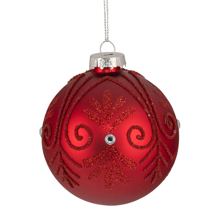 Bauble Glass 8cm Red with Silver Diamonte
