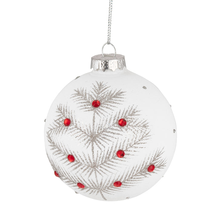 Bauble Glass 8cm White with Silver & Red