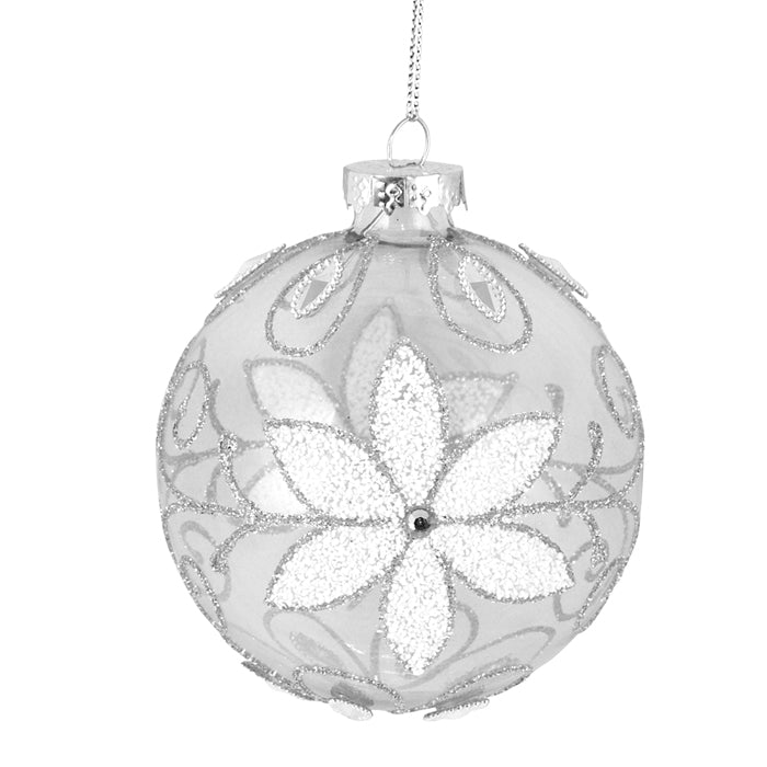 Bauble Glass 8cm White Cleau Poinsettia