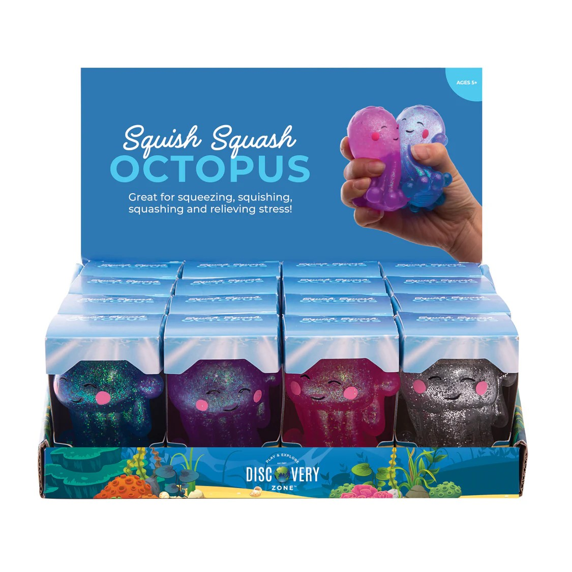 Discovery Zone Squish Squash Octopus CDU 16pcs/4 Assorted