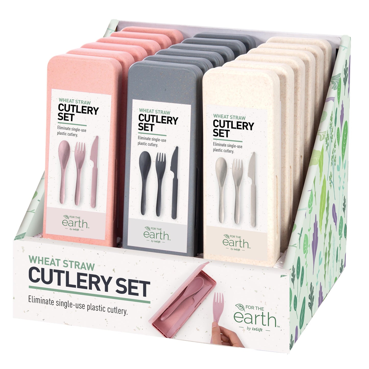 For The Earth Wheat Straw Travel Cutlery Set (3 Asst/18 Disp) Assorted 20.3x5.7x2.2cm