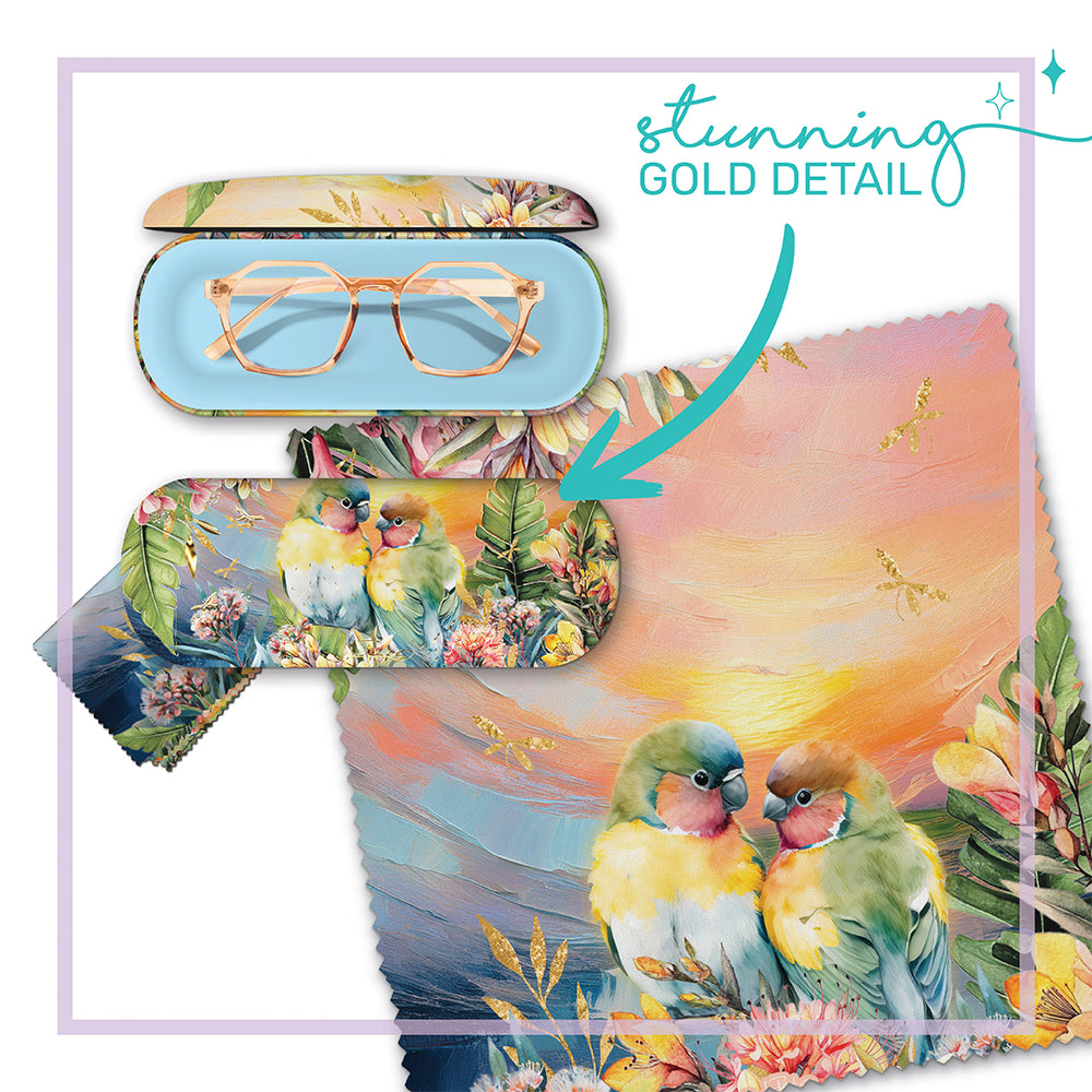 Lisa Pollock Glasses Case with Cleaning Cloth and Gold Foiling on Top Face - Sunset Love Birds