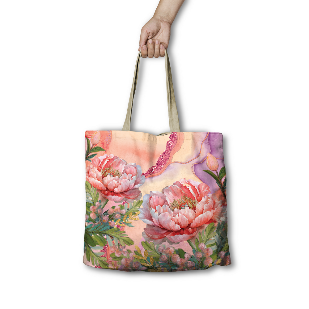 Lisa Pollock Reusable Shopping Bag - Coral Peony - 45cm with 10cm Gusset 