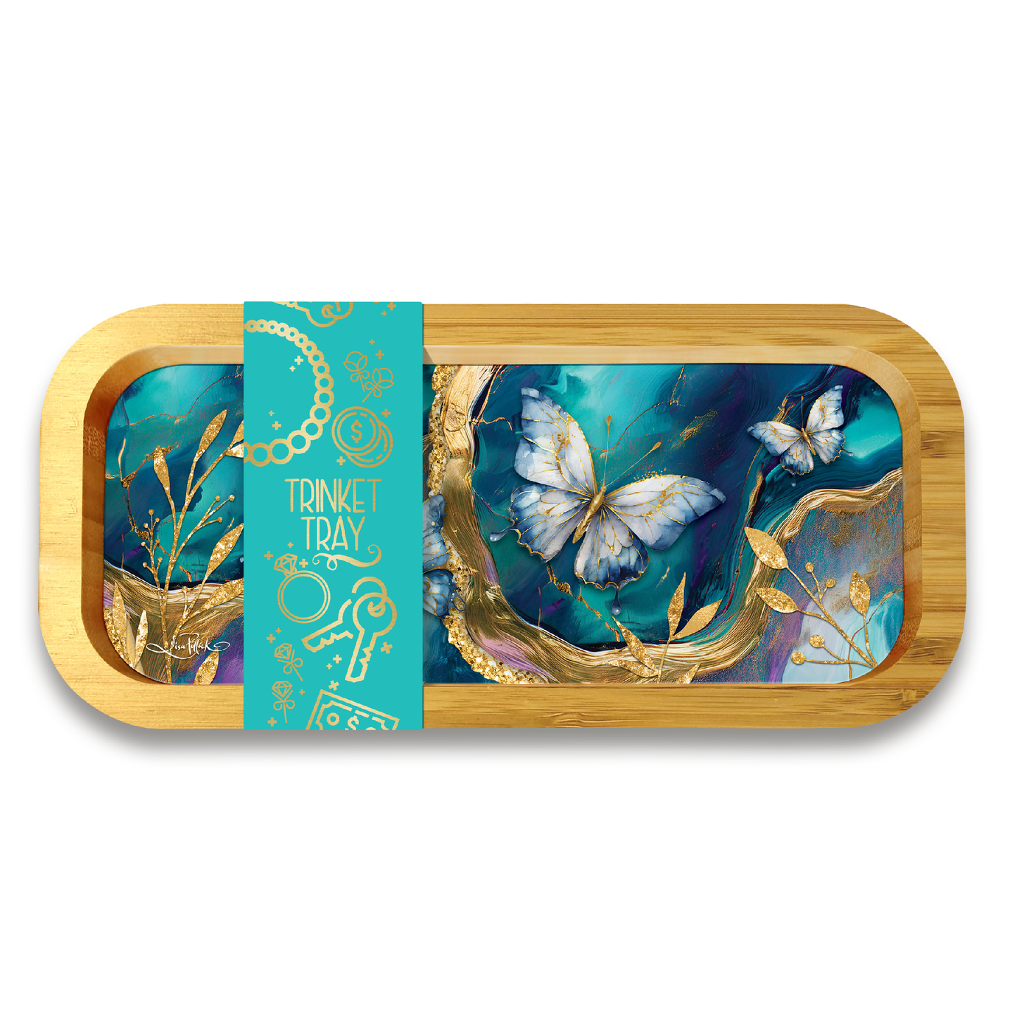 Lisa Pollock Bamboo Trinket Tray - Tranquil Butterflies 20.5x9.5cm