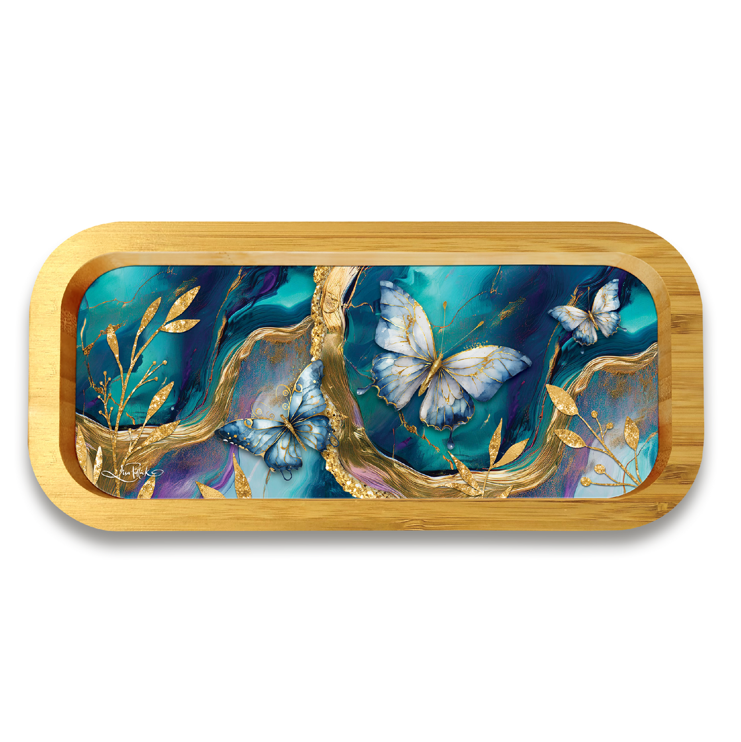 Lisa Pollock Bamboo Trinket Tray - Tranquil Butterflies 20.5x9.5cm