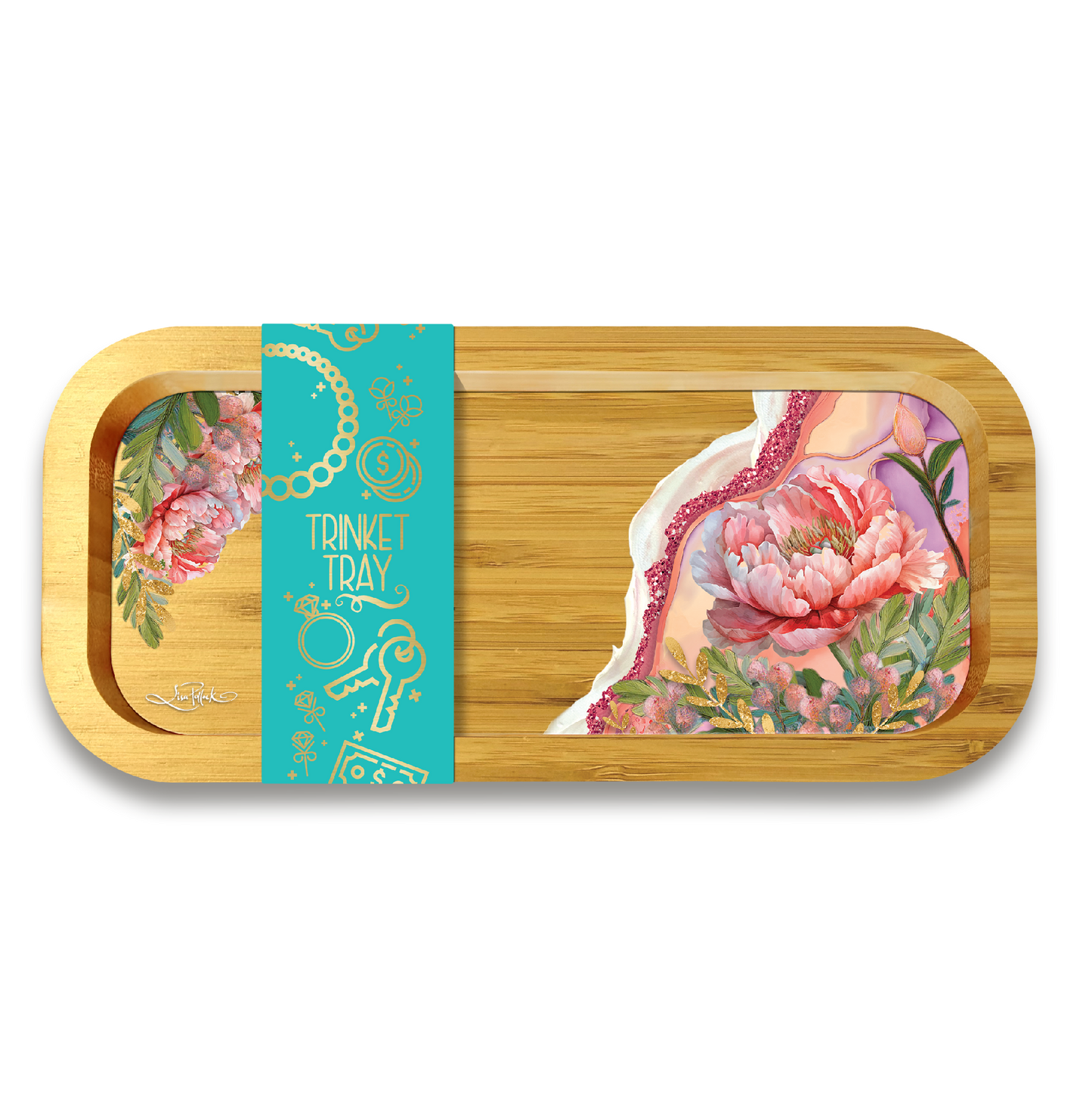Lisa Pollock Bamboo Trinket Tray - Coral Peony 20.5x9.5cm
