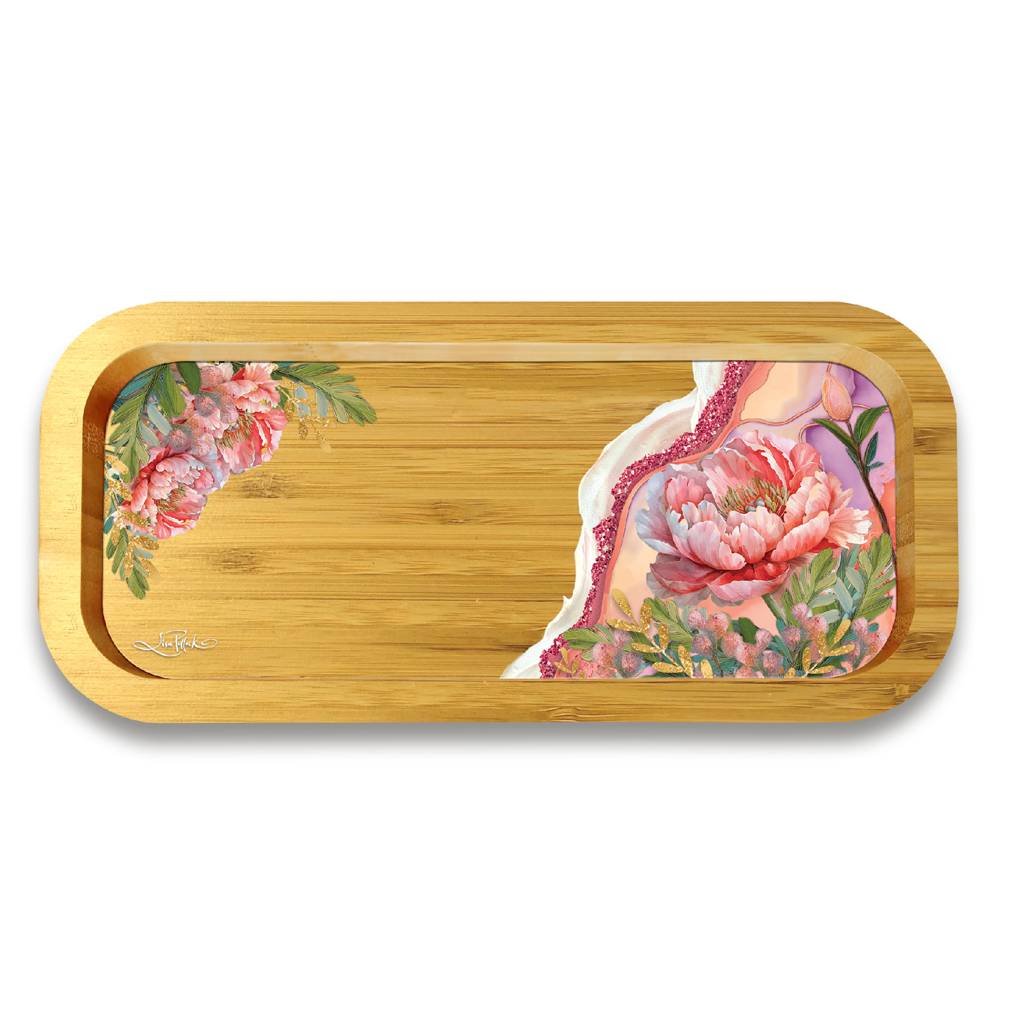 Lisa Pollock Bamboo Trinket Tray - Coral Peony 20.5x9.5cm