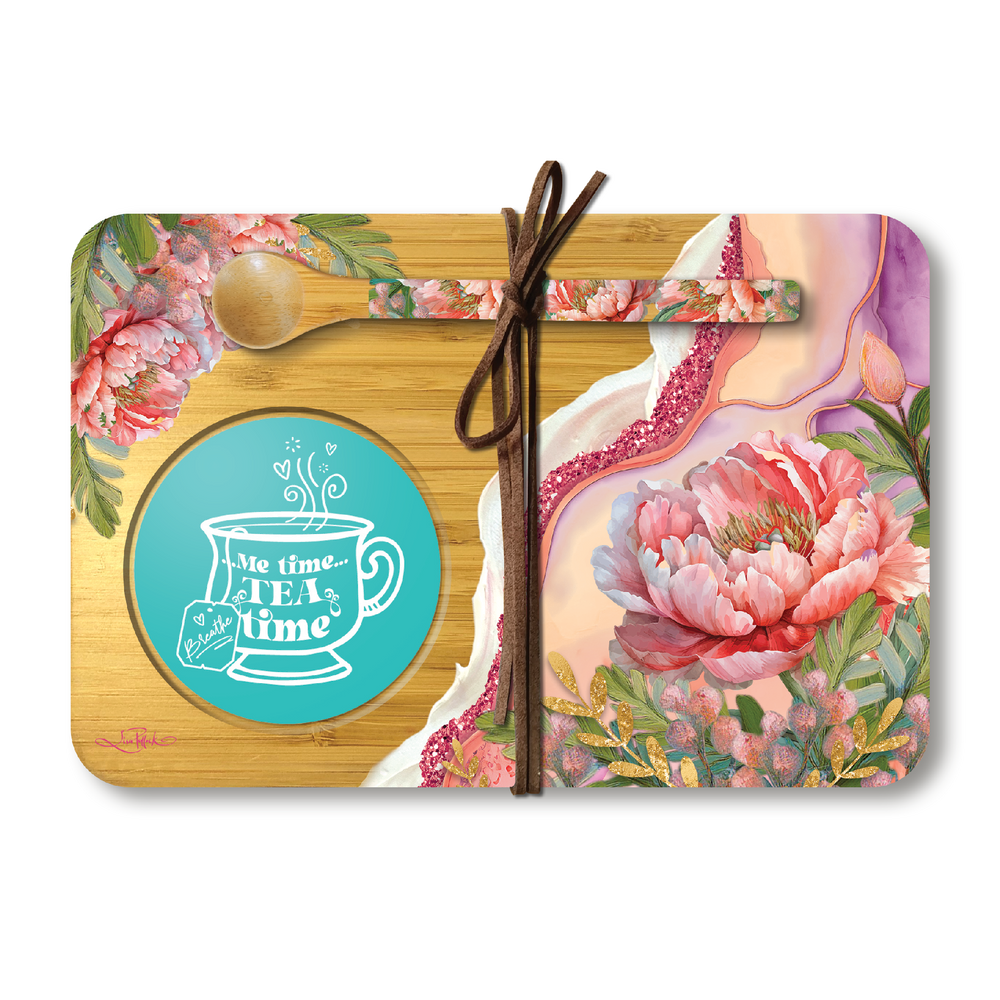 Lisa Pollock Bamboo Tea Time Tray with Spoon - Coral Peony 21x14cm