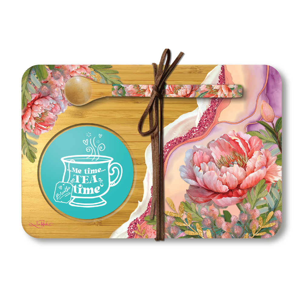 Lisa Pollock Bamboo Tea Time Tray with Spoon - Coral Peony 21x14cm