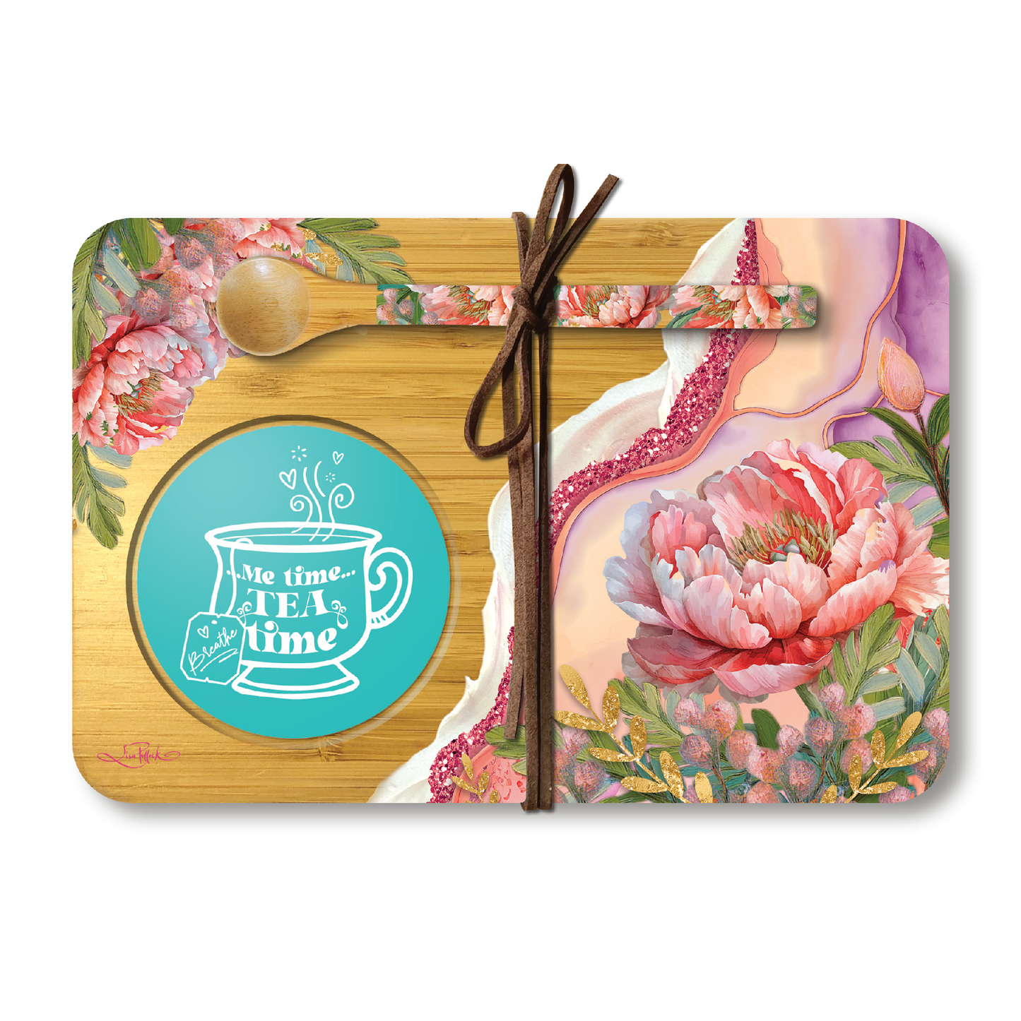 Lisa Pollock Bamboo Tea Time Tray with Spoon - Coral Peony 21x14cm