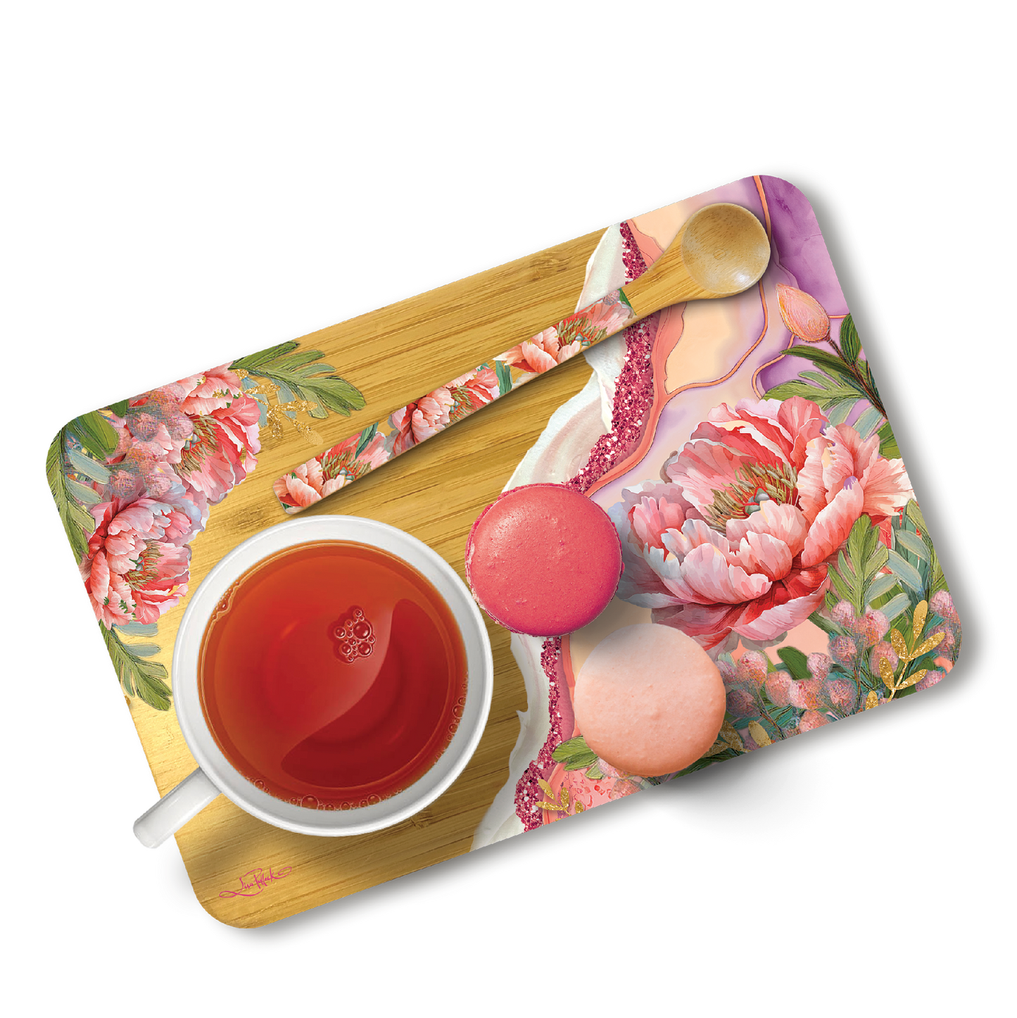 Lisa Pollock Bamboo Tea Time Tray with Spoon - Coral Peony 21x14cm