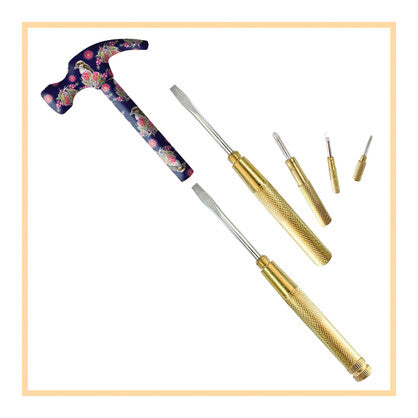 Lisa Pollock Hammer on Backing card with Gold Details. Features Screw Driver Set inside Handle - Happy Emu